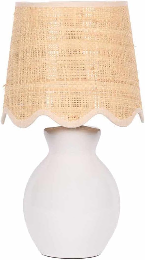 BoutiqueRugs Liliac Boho Ceramic and Jute Bedside Table Lamp for Bedroom Nightstand - End Side Lighting for Living Room - Shade Rattan - White, Beige - 15" H