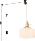 Plug in Pendant Light Hanging Light Fixture Corded On/Off Switch Brass Pendant Light with White Striped Glass Lampshade for Bedroom Living Room Kitchen Island