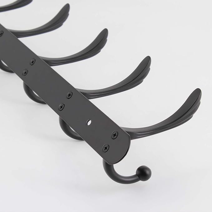 Coat Rack Wall Mounted - 5 Tri Hooks, Heavy Duty, Metal Coat Hook Rail for Coat Hat Towel Purse Robes Mudroom Bathroom Entryway (Black)