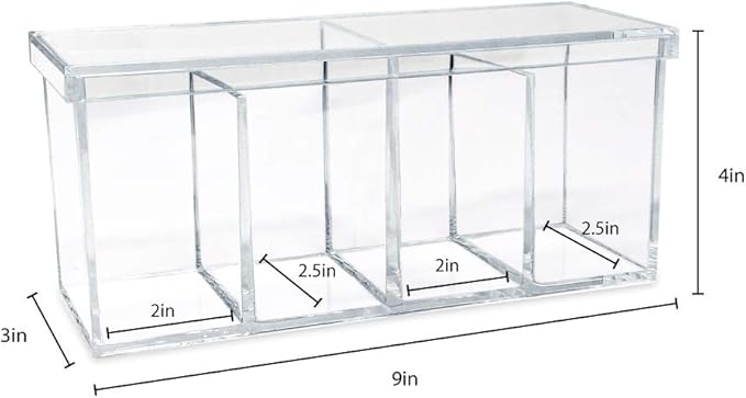 Isaac Jacobs 4-Compartment Clear Acrylic Organizer with Lid (9” L x 3” W x 4” H), Makeup Brush Holder, Sectional Tray, Storage Solution for Makeup, Crafts, Office Supplies & More (1, Clear)