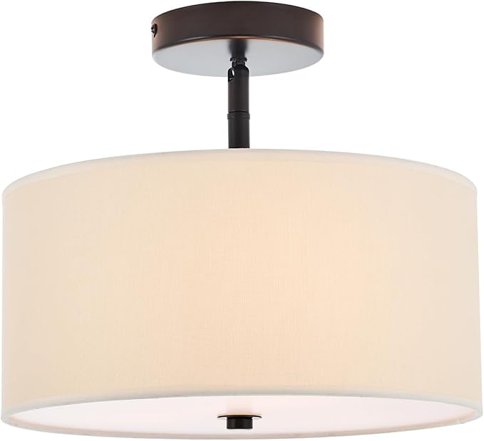 Semi Flush Mount Ceiling Light, 3-Light Black Modern Drum Ceiling Light Fixture with Linen Fabric Shade, Farmhouse Close to Ceiling Lamps for Bedroom Kitchen Living Room Hallway Entryway Closet