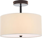 Semi Flush Mount Ceiling Light, 3-Light Black Modern Drum Ceiling Light Fixture with Linen Fabric Shade, Farmhouse Close to Ceiling Lamps for Bedroom Kitchen Living Room Hallway Entryway Closet