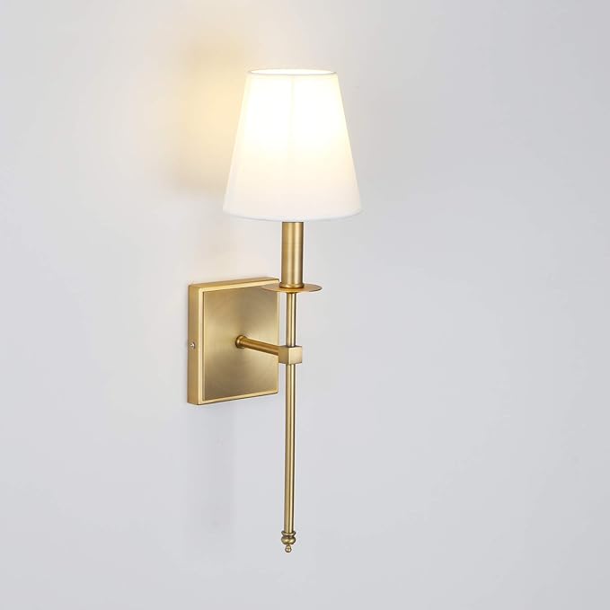 PERMO Single Classic Rustic Industrial Wall Sconce Lighting Fixture with Flared White Textile Lamp Shade and Antique Brass Tapered Column Stand, Hardwired, E26 Base