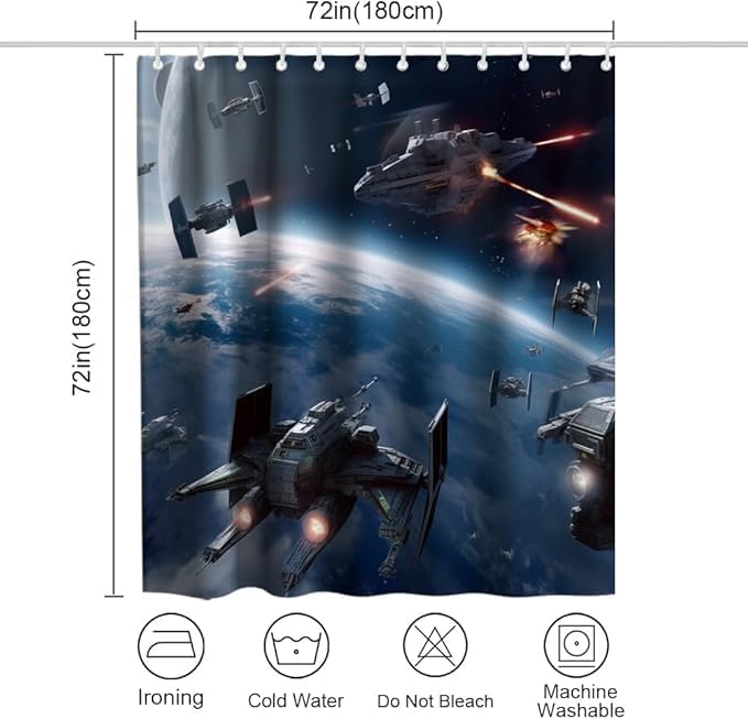 Universe Wars Shower Curtain Battle of The Universe Shower Curtain Set with 12 Hooks Funny Planet Science Fiction Movie 60x72 inch Polyester Machine Washable, Blue Grey