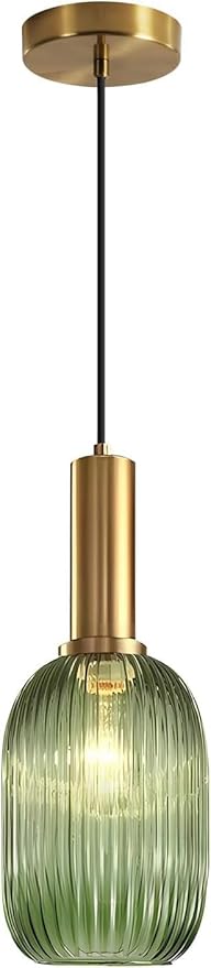 KCO Lighting Green Ribbed Glass Pendant Light Kitchen Island Small Antique Brass Ceiling Pendant Light Mid Century Modern Dining Room Hanging Light Fixture Gold Globe Pendant Lighting