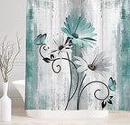 Rustic Farmhouse Shower Curtain, Farm Teal Daisy Floral Flowers and Butterfly on Country Wooden Shower Curtain for Bathroom, Turquoise Blue Bathroom Shower Curtains with 12PCS Hooks, 70X75IN