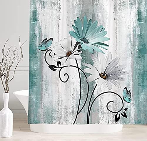 Rustic Farmhouse Shower Curtain, Farm Teal Daisy Floral Flowers and Butterfly on Country Wooden Shower Curtain for Bathroom, Turquoise Blue Bathroom Shower Curtains with 12PCS Hooks, 70X75IN