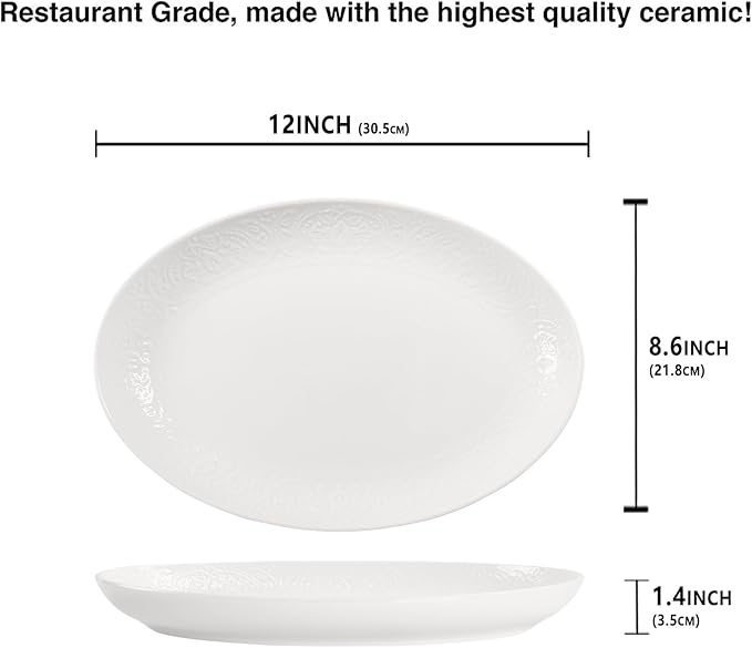 Ceramic Serving Platters, White Oval Relief Platters, Entertaining Modern Kitchen Dishes, for Dinner, Fruit, Salad, Pasta - Microwave, Oven&Dishwasher Safe, 12 Inch Oval Set of 4