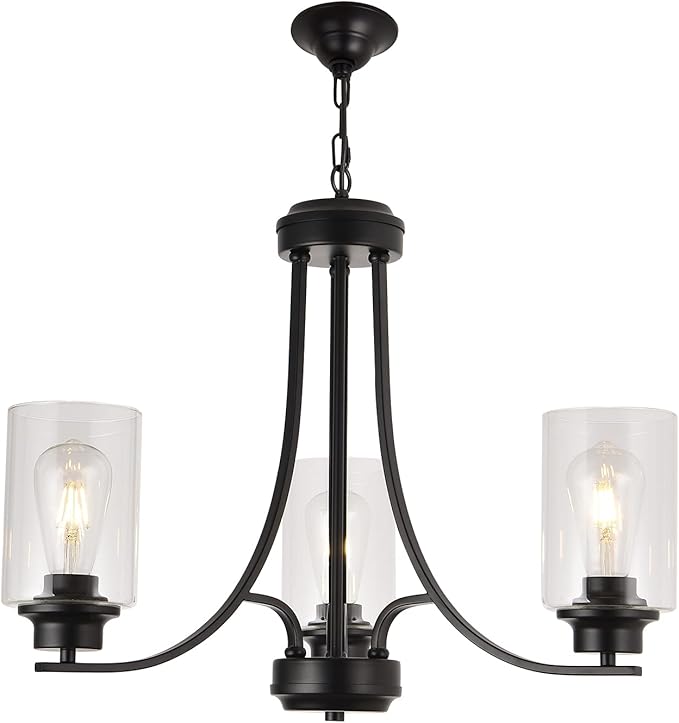 3 Lights Black Traditional Chandelier Rustic Kitchen Island Lighting Fixtures Hanging Clear Glass Cylinder Pendant Lights Classic Ceiling Light for Dining Room Bedroom Foyer
