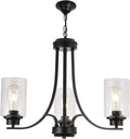 3 Lights Black Traditional Chandelier Rustic Kitchen Island Lighting Fixtures Hanging Clear Glass Cylinder Pendant Lights Classic Ceiling Light for Dining Room Bedroom Foyer