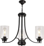 3 Lights Black Traditional Chandelier Rustic Kitchen Island Lighting Fixtures Hanging Clear Glass Cylinder Pendant Lights Classic Ceiling Light for Dining Room Bedroom Foyer