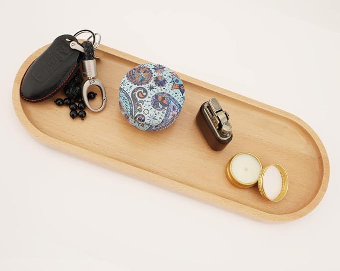 Fermus Wooden Tray 12.5 Inch Long Jewelry Dish Cosmetics Organizer Bathroom Clutter Wood Decorative Serving Platter Small Storage Tray, Oval (1 Pack)