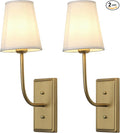 Farmhouse Brass Wall Sconce 1-Light, Linen Fabric Shade Wall Lamp Hardwired Indoor Wall Light for Bedroom Living Room Vanity Bathroom (White Cloth 2-Pack)