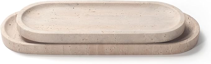Oval Travertine Stone Tray for Jewelry, Candles, Perfume, Decorative Marble Bathroom Tray for Countertop Organizer 11.8inch x 4.3inch x 0.7inch