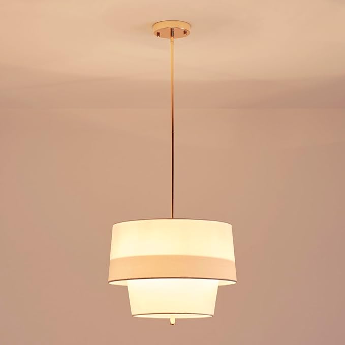 Shrine Lighting Double Drum Chandelier, Modern Drum Pendnat Light for Dining Room, D15.7'' x H11'', Adjustable 47'', E12*4 Sockets, White Fabric Lampshade & French Gold Finish Frame