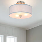 XiNBEi Lighting Semi Flush Mount Ceiling Light, 14" Drum Light Fixture with Grey Fabric Shade, 3-Light Brushed Nickel Ceiling Lamp for Bedroom Living Room Kitchen Hallway