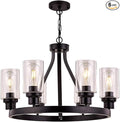 Farmhouse Chandelier Lighting Round 6 Lights Black with Glass Shade Ceiling Hanging Vintage Rustic Light Fixture for Dining Room Living Room Foyer Porch Kitchen Island