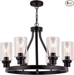 Farmhouse Chandelier Lighting Round 6 Lights Black with Glass Shade Ceiling Hanging Vintage Rustic Light Fixture for Dining Room Living Room Foyer Porch Kitchen Island