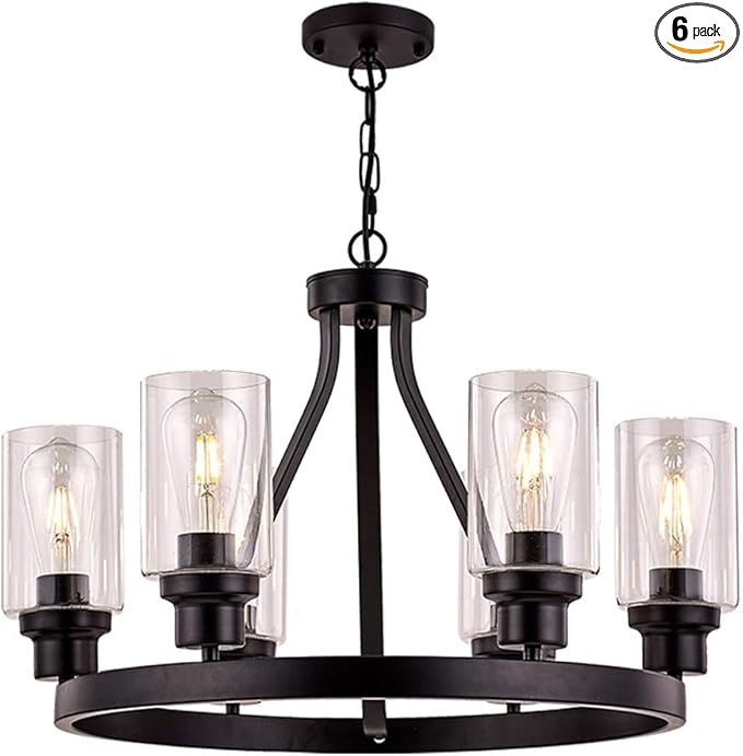 Farmhouse Chandelier Lighting Round 6 Lights Black with Glass Shade Ceiling Hanging Vintage Rustic Light Fixture for Dining Room Living Room Foyer Porch Kitchen Island