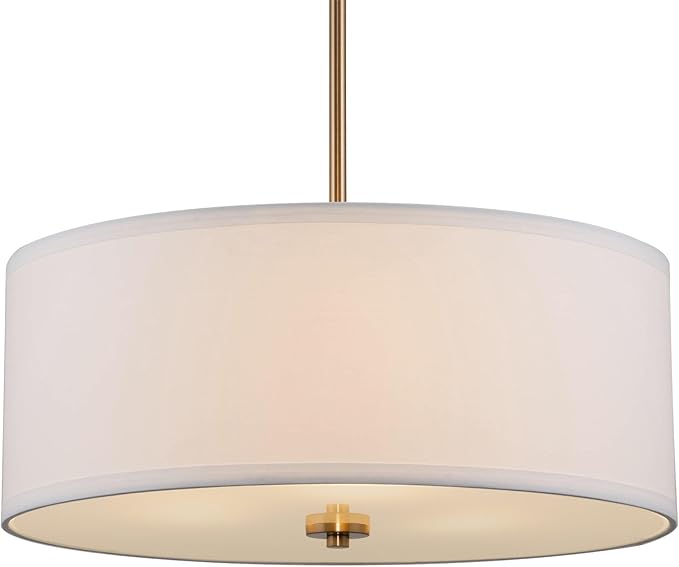 Kira Home Nolan 18" Classic 3-Light Drum Pendant Chandelier, White Fabric Shade + Round Glass Diffuser, Adjustable Height, Cool Brass Finish