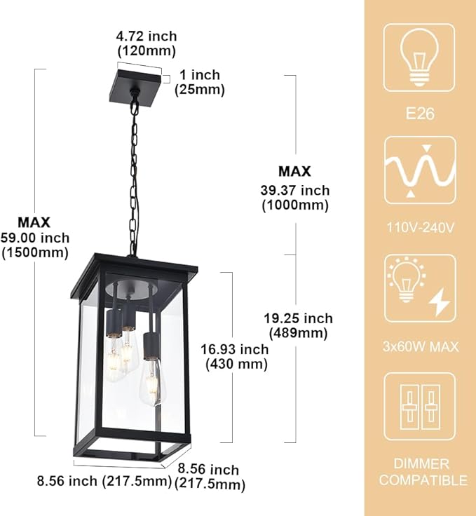 3-Lights Outdoor Pendant Lights, Large Black Exterior Ceiling Hanging Lanterns with Adjustable Chain, Modern Porch Pendant Lighting Fixtures for Front Door Entryway, E26 Bulb Base