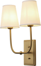 Vintage 2-Lights Wall Sconces with Funnel White Fabric Shades, Double Head Bathroom Vanity Lights Fixture, Indoor Wall Lamps for Bedroom Living Room Hallway Stairway