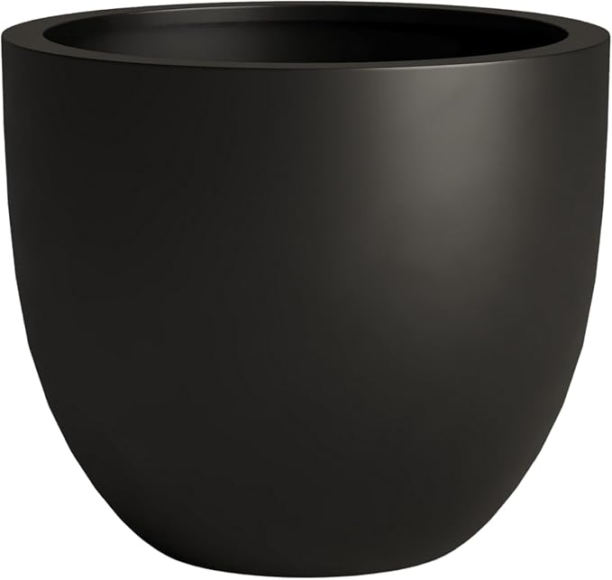 DTY Signature Mount Belford Lightweight and Durable Modern Fiberstone Egg Shaped Planter for Indoor Outdoor Drainage Hole & Rubber Plug Weather Resistant, 15" H x 18" Dia, 15.5" Opening - Large, Black