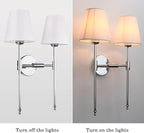 PERMO Classic Double Sconce Chrome 2 Lights Wall Sconce Rustic Wall Mount Lighting Fixture with Flared White Textile Lamp Shade