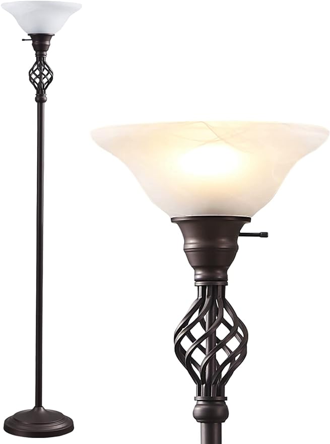 Torchiere Floor Lamp for Living Room, LED Standing Reading Light for Bedroom with Glass Shade for Living Room Corner Bedroom Home Office,Bulbs Included (Red Brown,Glass 1 Head)