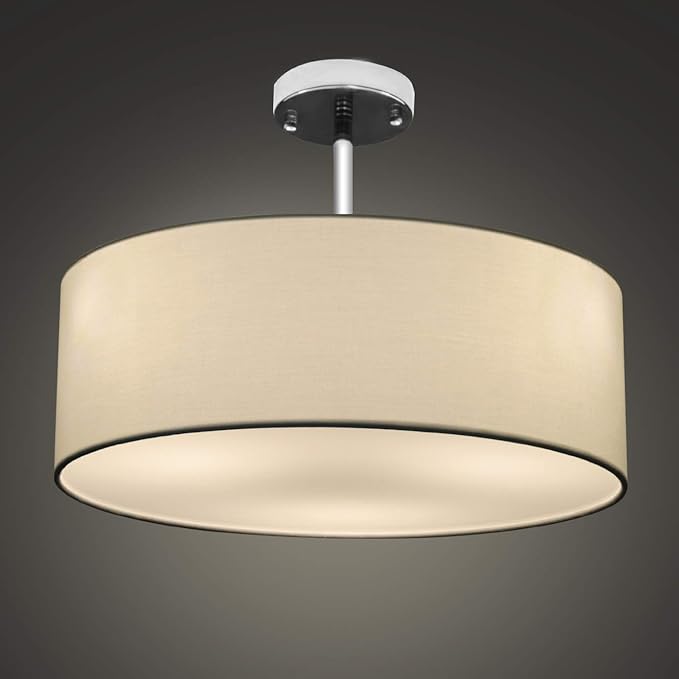 SomSom Ceiling Light, Semi-Flush Mount Modern Fabric Pendant Light Shade, Large White Drum Lampshade, Round Pendant Lamp, Lamps for bedrooms, Flush Chrome Matt, 3 Bulbs