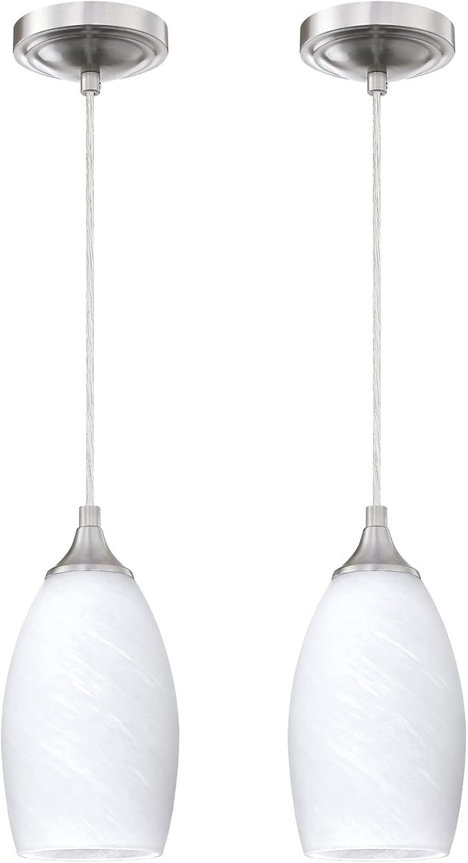 2 Pack 1 Light Indoor Mini Hanging Kitchen Island Pendant Lamps 4.75" Handcrafted Frosted Glass Chandelier Shade Brushed Nickel Finish Bar Dining Room Over Sink
