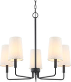 Chandelier, Matte Black with White Fabric Shade, Farmhouse Linear Island Lighting Fixture for Kitchen, Dining Room (5-Light Matte Black with Fabric Shades)