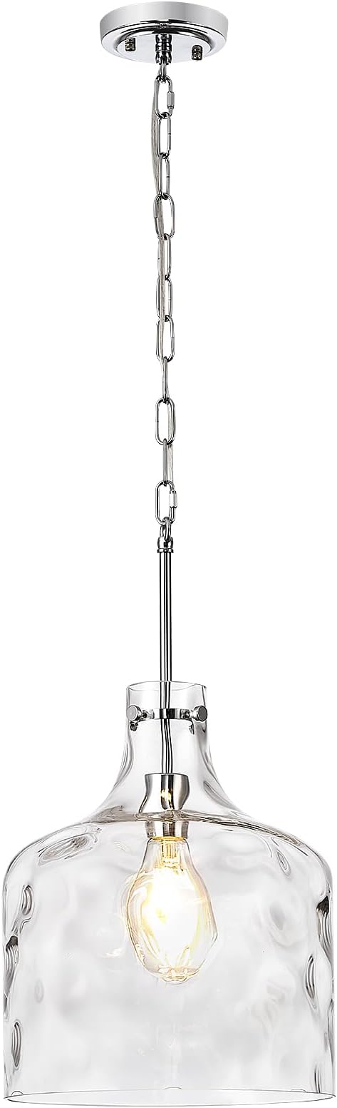 Extra Large 16" Vintage Farmhouse Pendant Light – Hand-Blown Clear Hammered Glass Shade, Adjustable Chain Hanging Light for Kitchen Island, Hallway, Dining Room, Chrome