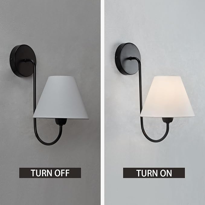 Linen Single Wall Sconce Black, Retro Swoop Wall Lamp with Black Metal Arm, Mid-Century Vintage White Linen Shade Sconce, Gooseneck Light Fixture for Elegant Home Lighting, Bedroom