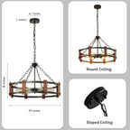 Farmhouse Wood Chandelier,23 Inch Black Modern Rustic Vintage Hanging Pendant Ceiling Light Fixture for Dining Room Bedroom Kitchen Island Hallway Foyer Entryway（6 Light