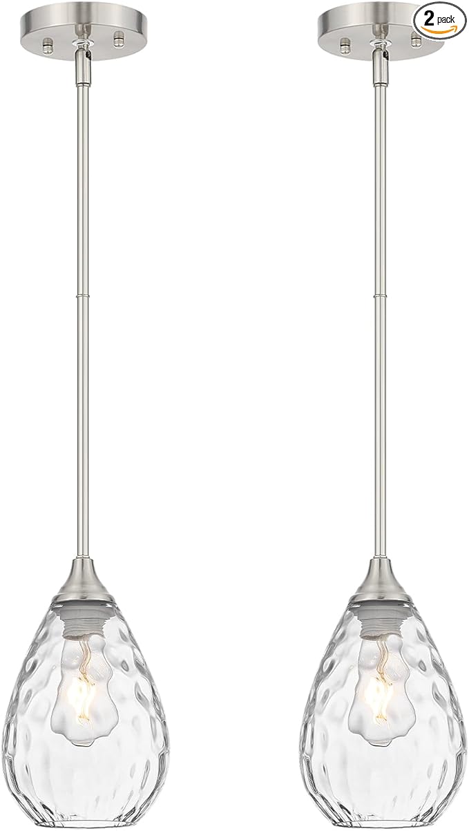 Brushed Nickel Pendant Lights Kitchen Island 2 Pack, Modern Glass Pendant Light Fixtures with Hammered Glass and Rods, Adjustable Small Hanging Light for Kitchen Sink Dining Room Bathroom
