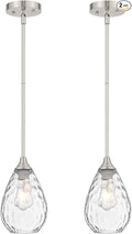 Brushed Nickel Pendant Lights Kitchen Island 2 Pack, Modern Glass Pendant Light Fixtures with Hammered Glass and Rods, Adjustable Small Hanging Light for Kitchen Sink Dining Room Bathroom