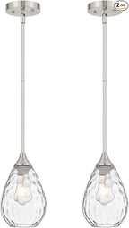 Brushed Nickel Pendant Lights Kitchen Island 2 Pack, Modern Glass Pendant Light Fixtures with Hammered Glass and Rods, Adjustable Small Hanging Light for Kitchen Sink Dining Room Bathroom