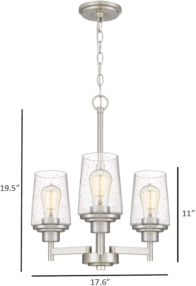 Jacob Modern 3-Light Chandelier Pendant Ceiling Light Brushed Nickle Seeded Glass Adjustable Height for Hallway, Entryway, Passway, Dining, Kitchen