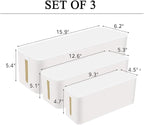 [Set of 3] 3 Cable Management Boxes + 3 Wire Ties, Large Cord Box Organizers to Hold and Hide Power Strip Charger Adapter Power Cord Charging Station USB HUB (White)