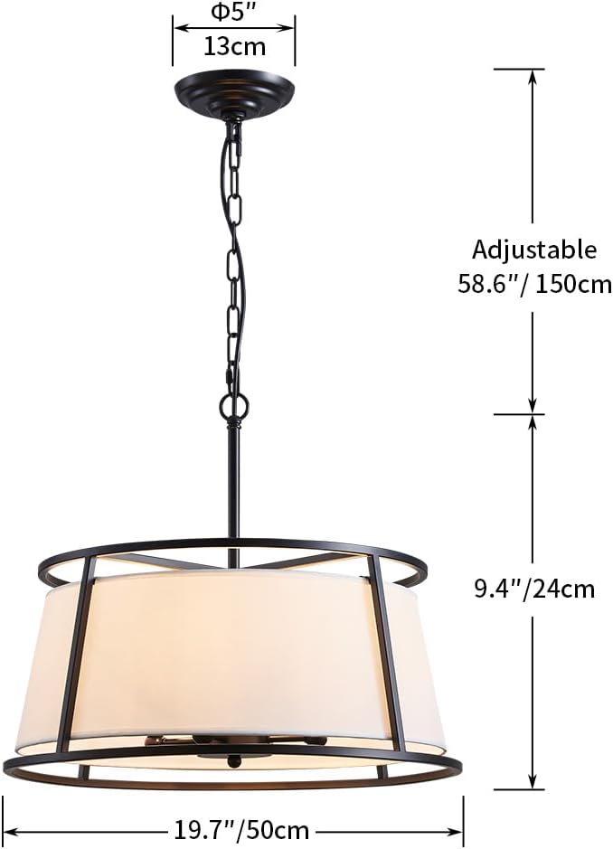 Shrine Lighting Drum Chandeliers, Modern Style, Perfect Pendant Light Fixture for Dining Room, Living Room, D20'' x H9'', Adjustable Chains 59'', E12*4 Sockets, White Lampshade & Black Finish Frame