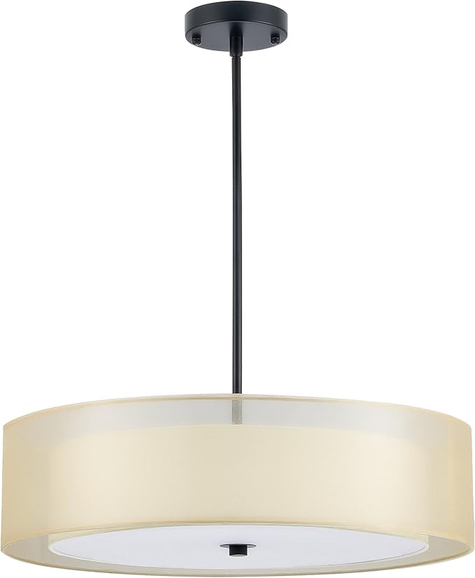 VONLUCE 3-Light Drum Chandeliers, 20" Pendant Light Fixture with 2-Layer Fabric Shade E26 Bases, Adjustable Swivel Joint Hanging Light Fixture for Bedroom Living Room Kitchen Hallway, Matte Black