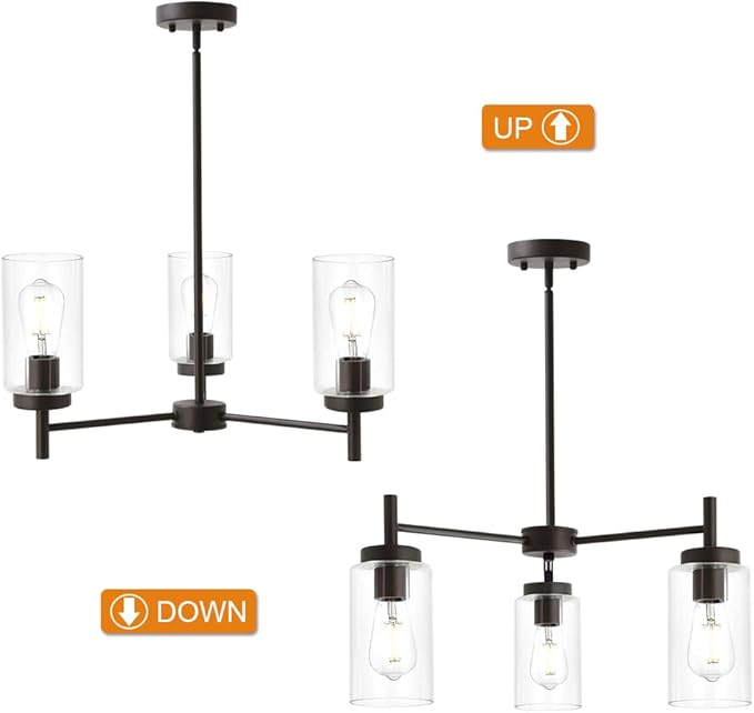 VINLUZ Contemporary 3-Light Chandeliers Rustic Clear Glass Shades Pendant Lighting Oil Rubber Bronze Dining Room Lighting Fixtures Hanging Adjustable Wire Semi Flush Ceiling Lights