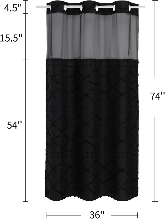Boho Black Woven Fabric Shower Curtain 36 x 74 Modern Farmhouse, No Hooks Tufted Chevron Striped Shabby Chic Textured, Minimalist Cloth Curtain for Bathroom, Hotel Decor