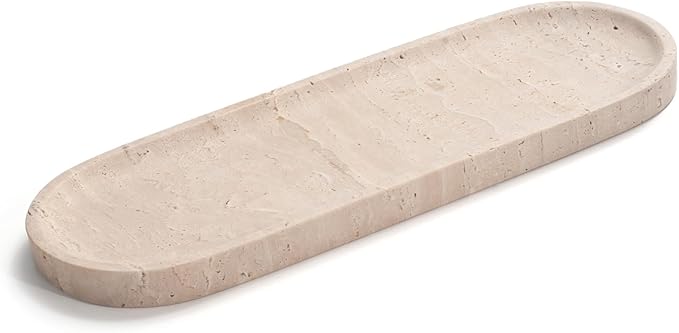 Oval Travertine Stone Tray for Jewelry, Candles, Perfume, Decorative Marble Bathroom Tray for Countertop Organizer 11.8inch x 6inch x 0.7inch