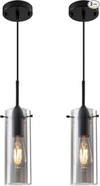 Smoke Gray Glass Pendant Light Kitchen Island, Kitchen Island Lights Ceiling Hanging, Kitchen Pendant Lights 2 Pack, Modern Clear Hanging Pendant Light for Kitchen, Living Room, Bathroom