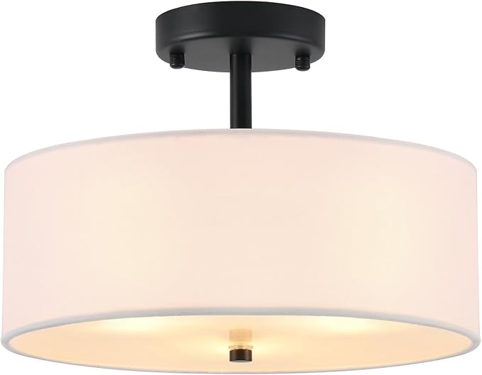 12.6" Semi Flush Mount Ceiling Light Fixture, 3-Light Black Drum Flush Mount Light Fixtures with White Fabric Shade, Modern Close to Ceiling Lights for Living Room Bedroom Hallway Entryway Foyer