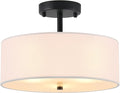 12.6" Semi Flush Mount Ceiling Light Fixture, 3-Light Black Drum Flush Mount Light Fixtures with White Fabric Shade, Modern Close to Ceiling Lights for Living Room Bedroom Hallway Entryway Foyer