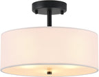 12.6" Semi Flush Mount Ceiling Light Fixture, 3-Light Black Drum Flush Mount Light Fixtures with White Fabric Shade, Modern Close to Ceiling Lights for Living Room Bedroom Hallway Entryway Foyer