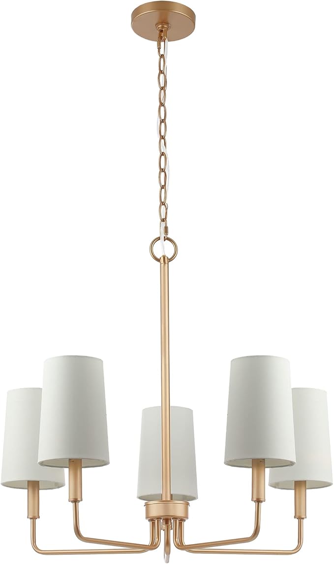 Chandelier, Muted Gold with White Fabric Shade, Farmhouse Linear Island Lighting Fixture for Kitchen, Dining Room (5-Light Muted Gold with Fabric Shades)